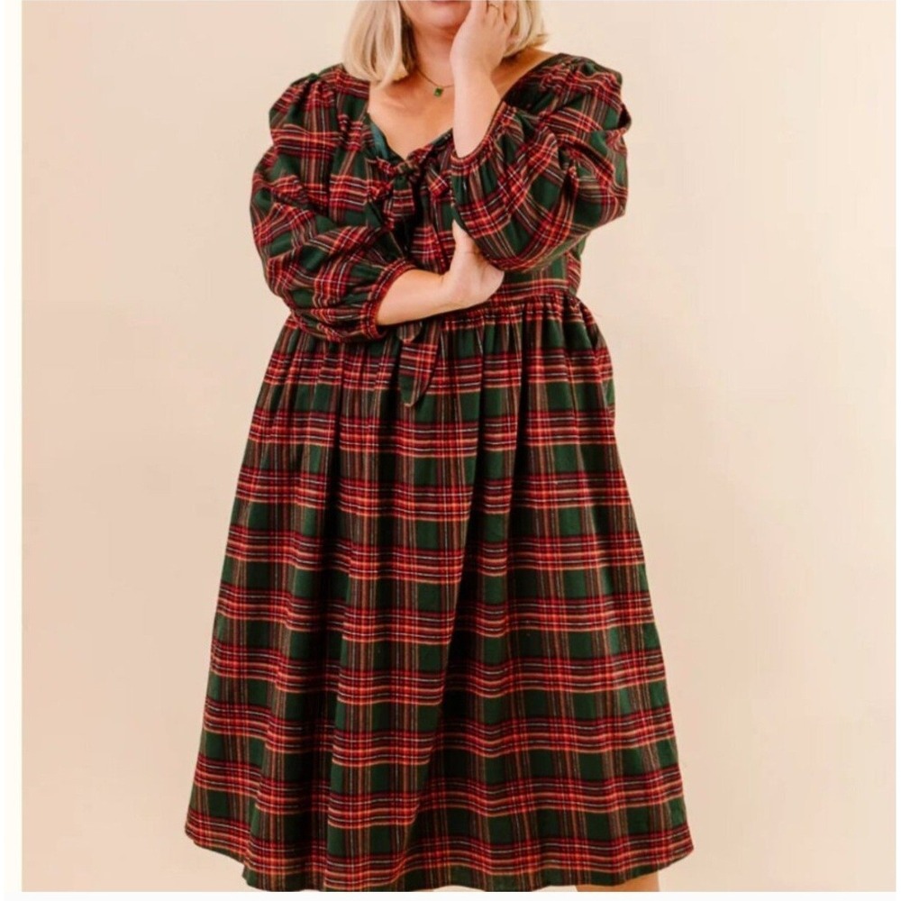 Ivy City Co. Womens 5X Margo Midi Dress Green Plaid Smocked Plus Size Holiday